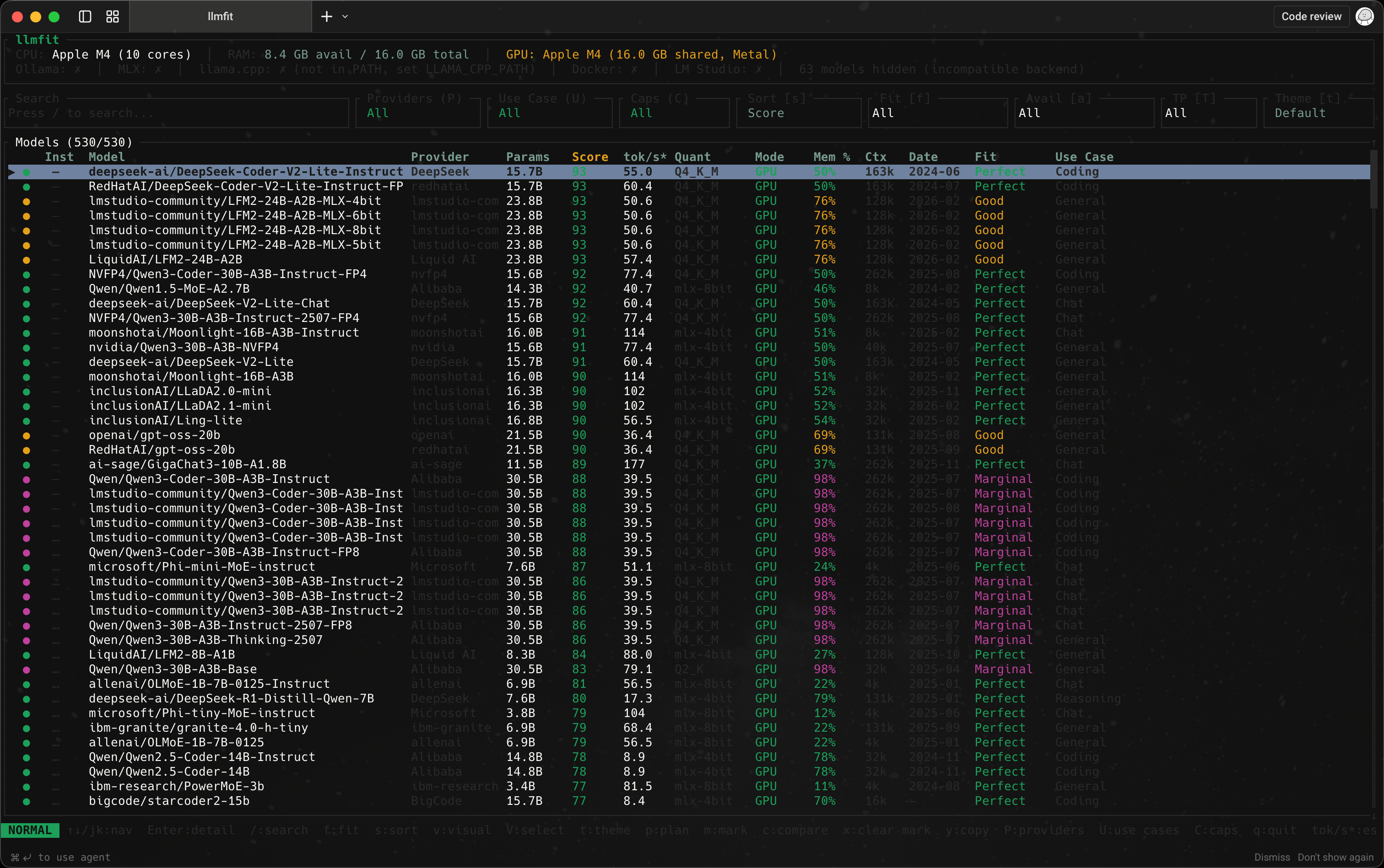 llmfit 대시보드 컬럼 예시