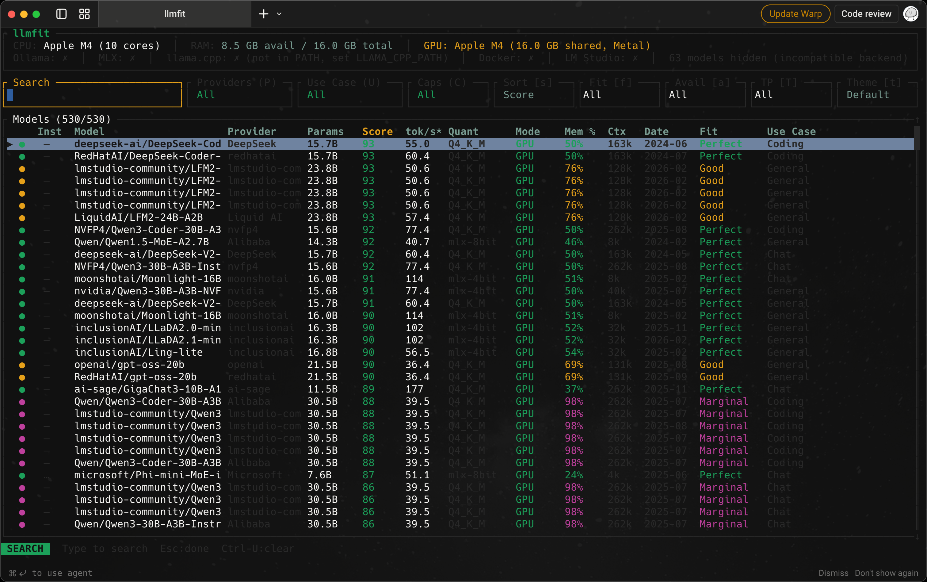 llmfit 추천 모델 대시보드