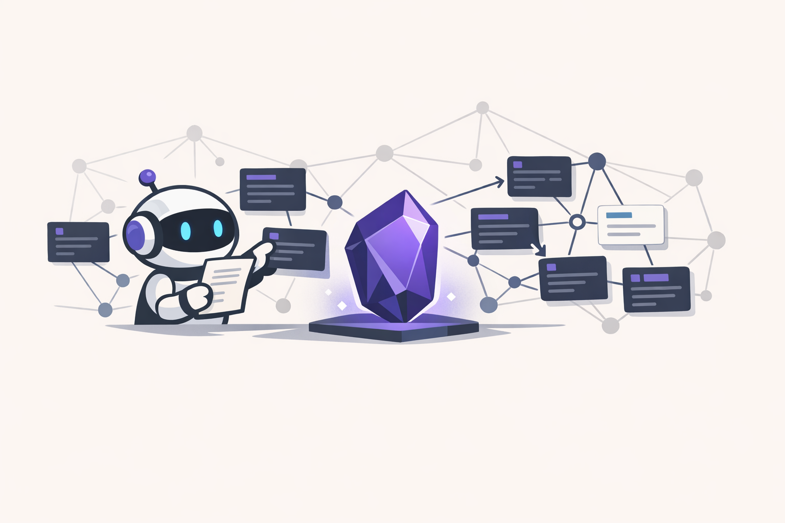 AI Agent가 Obsidian 문서와 장기 메모리를 정리하는 구조를 상징적으로 표현한 대표 이미지