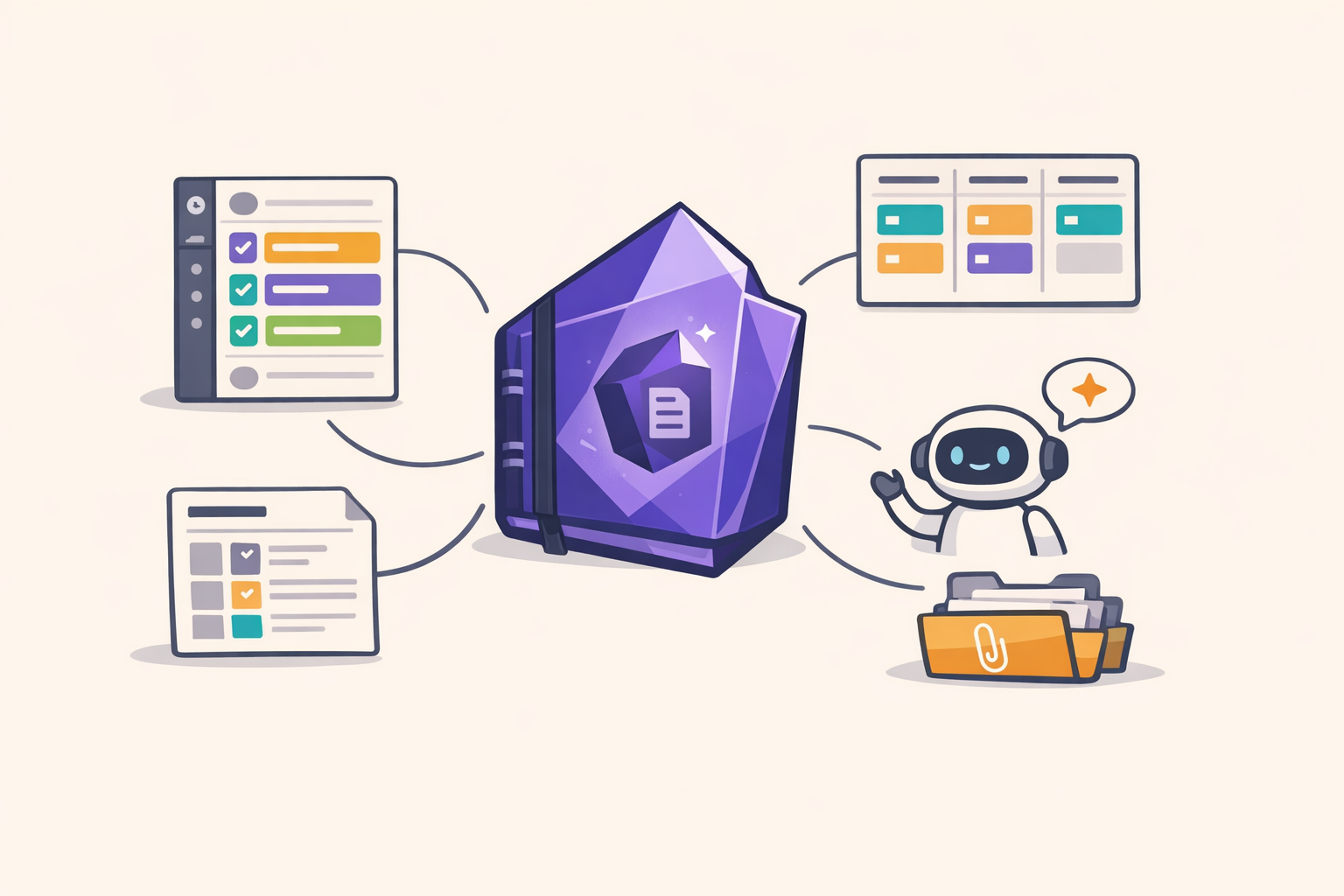 Obsidian을 작업 공간으로 만드는 플러그인 조합과 AI 보조 운영을 상징적으로 표현한 대표 이미지