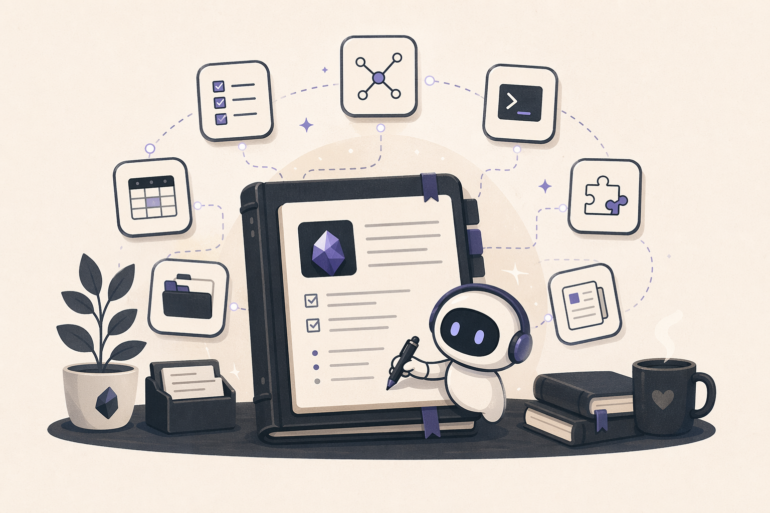 Obsidian AI 비서를 위한 기본 스킬과 비서 운영 스킬의 계층을 표현한 대표 이미지