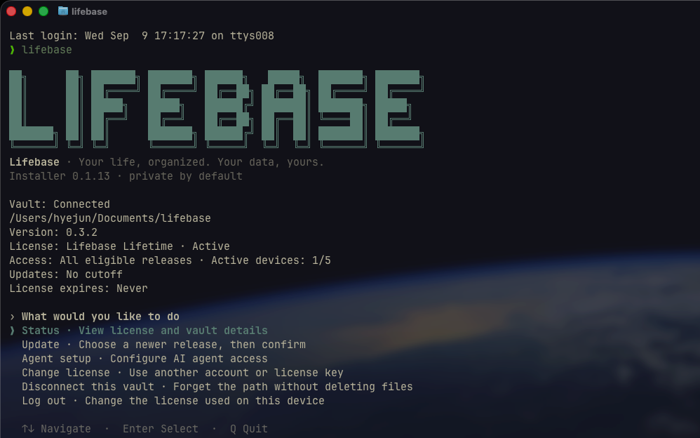 Lifebase CLI 실행 화면